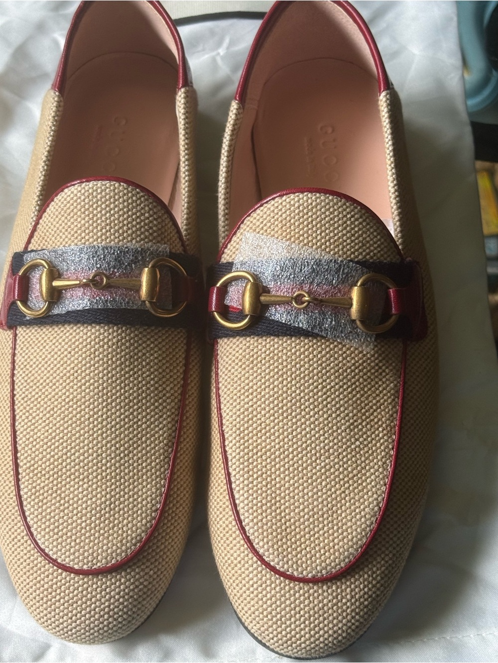 Gucci Beige Canvas Loafers with Red Trim and Gold Horsebit